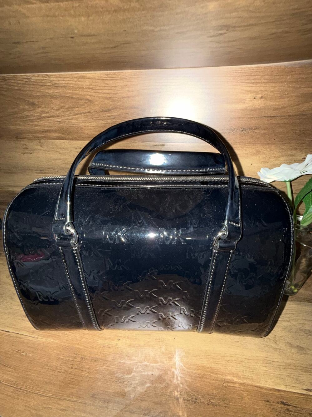 Michael Kors Travel Patent Embossed MK Monogram Medium Duffle Satchel Bag Black